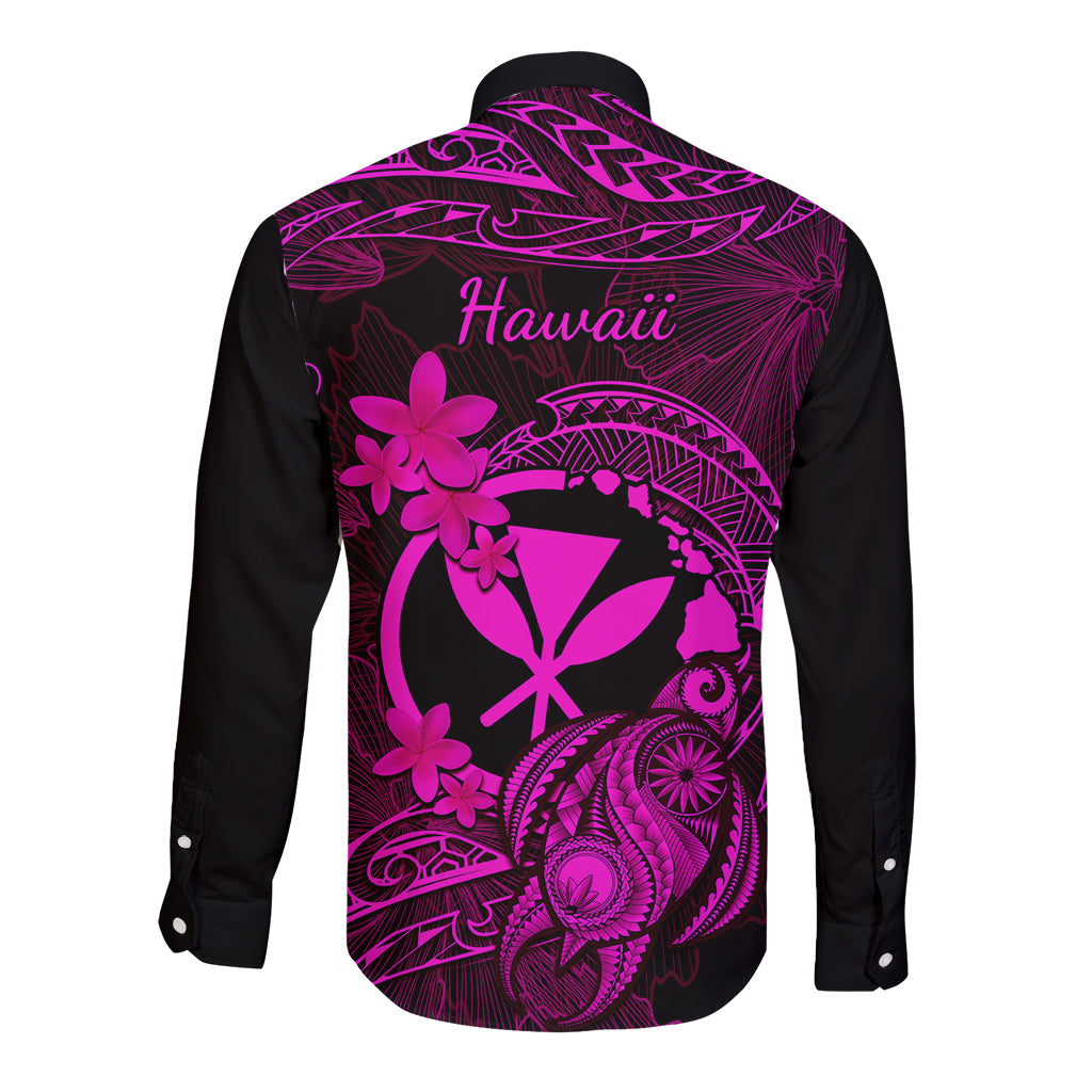 Black long-sleeve button shirt with pink Polynesian plumeria and tribal print, back