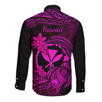 Black long-sleeve button shirt with pink Polynesian plumeria and tribal print, back