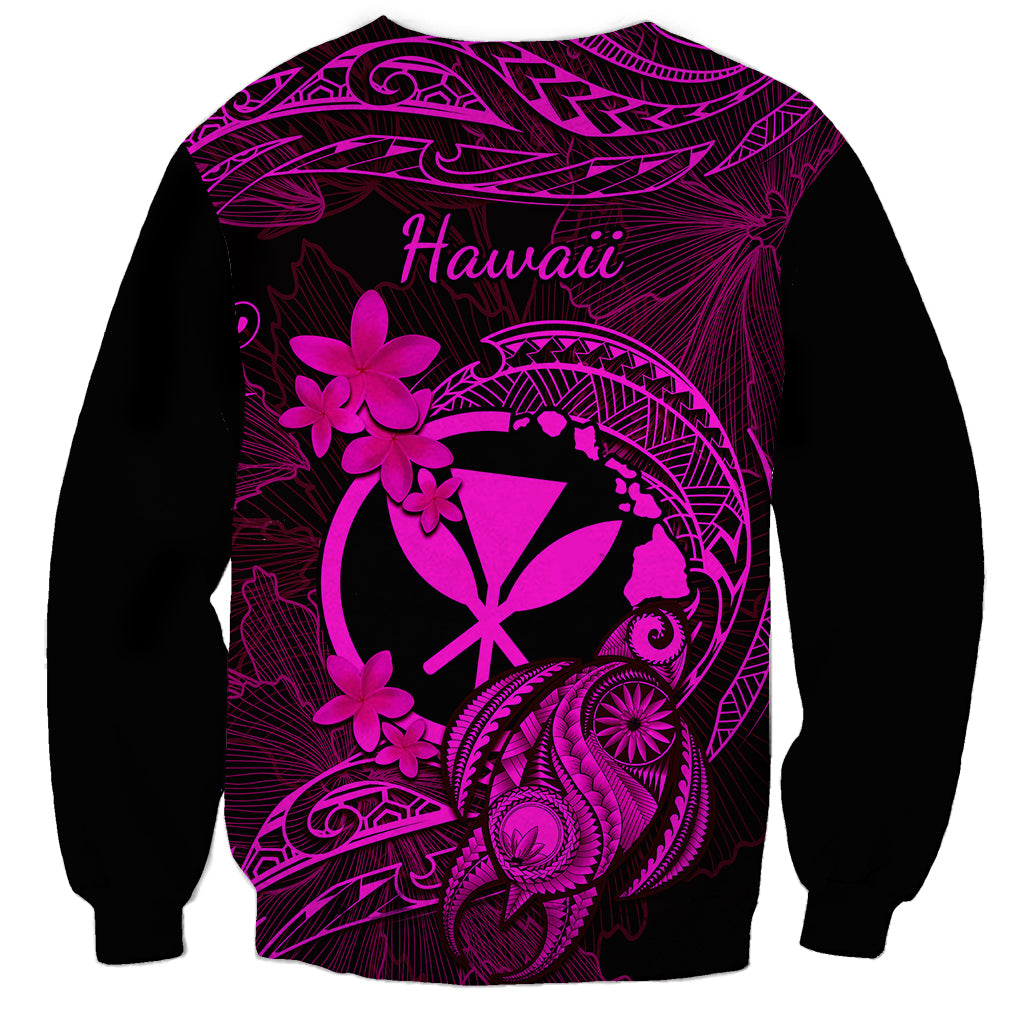 Unisex black sweatshirt with back Hawaii text and pink Polynesian turtle plumeria graphic