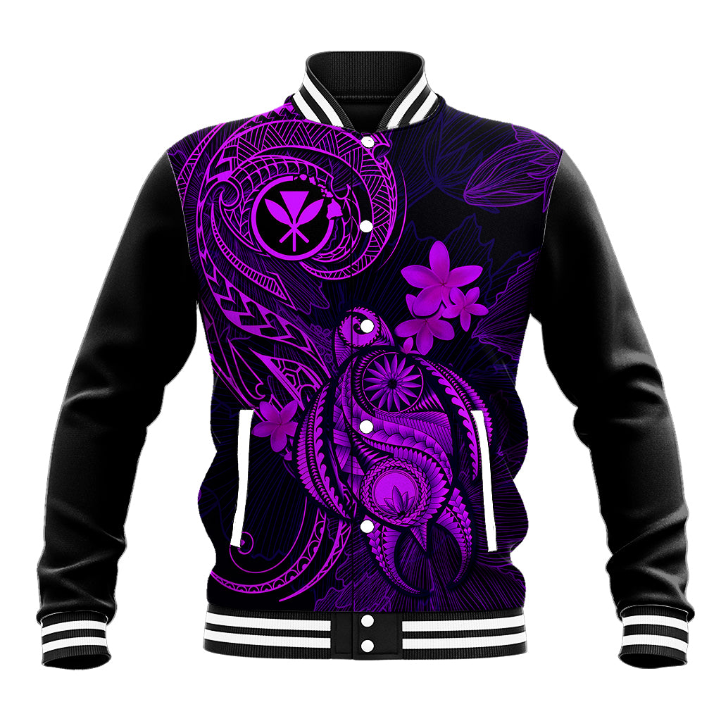 Purple and black baseball jacket with ribbed striped collar, snap buttons, plumeria print