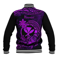 Back purple and black baseball jacket with striped ribbed cuffs and plumeria graphic