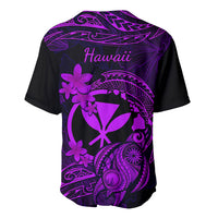 Purple baseball jersey back with 'Hawaii' script, plumeria flowers, and tribal turtle art
