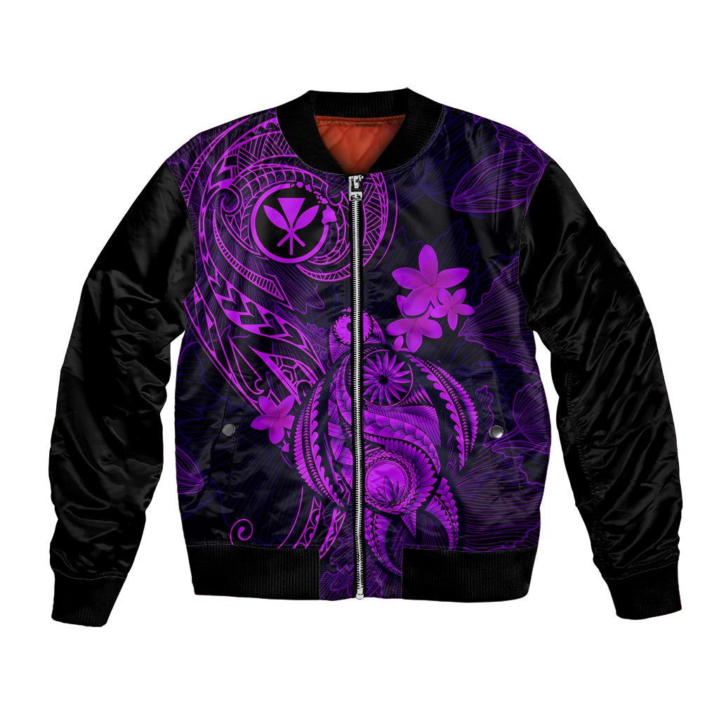 Purple and black bomber jacket with full-zip front and purple floral Polynesian graphic