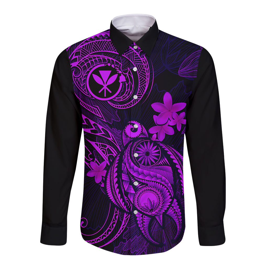 Long-sleeve button shirt with purple tropical print on a black base