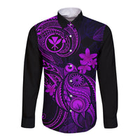 Long-sleeve button shirt with purple tropical print on a black base