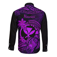 Long-sleeve button shirt, back graphic with purple flowers and 'Hawaii' on black