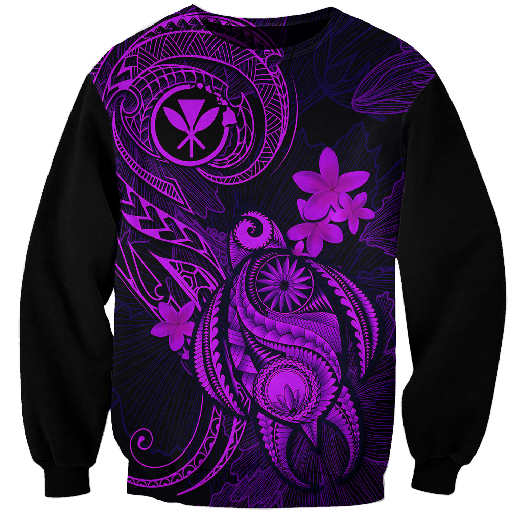 Unisex black sweatshirt with purple turtle and plumeria flower Polynesian pattern