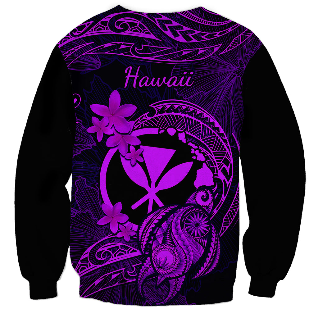 Unisex black sweatshirt with purple back graphic and Hawaii text, Polynesian emblem