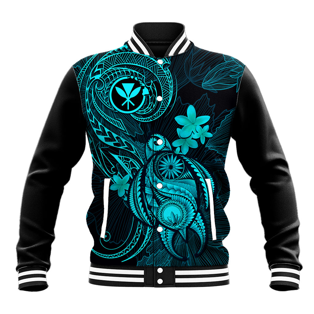 Unisex baseball jacket with turquoise tribal graphics, black sleeves, ribbed striped collar