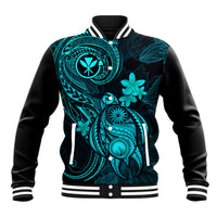 Unisex baseball jacket with turquoise tribal graphics, black sleeves, ribbed striped collar