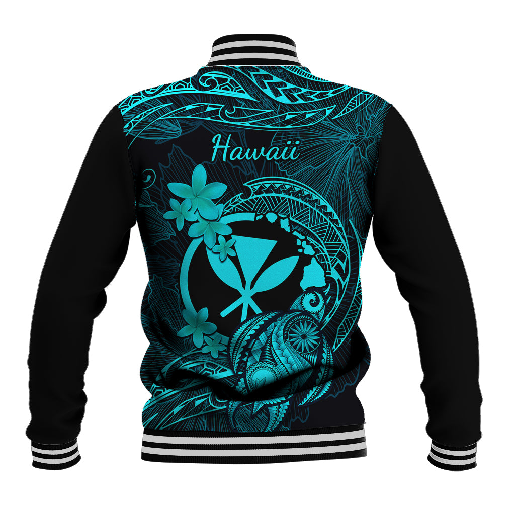 Unisex baseball jacket back with 'Hawaii' print, turquoise tribal design, striped cuffs