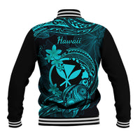 Unisex baseball jacket back with 'Hawaii' print, turquoise tribal design, striped cuffs