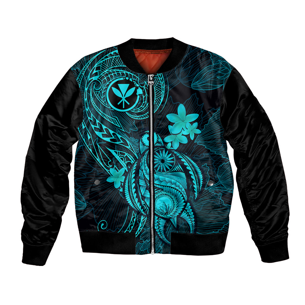 Unisex turquoise and black bomber jacket with full-zip front and plumeria floral print