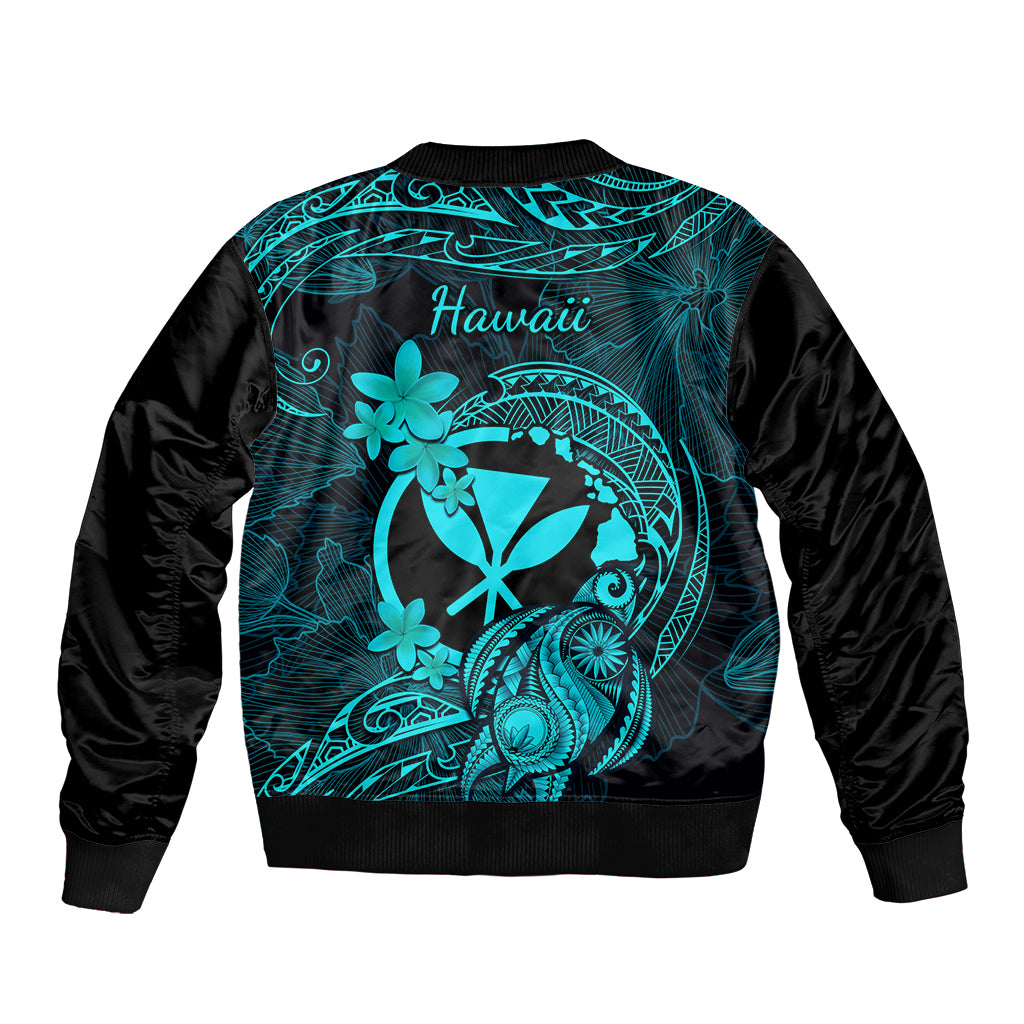 Unisex turquoise bomber jacket with back graphic, plumeria flowers, and 'Hawaii' text