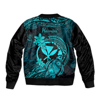 Unisex turquoise bomber jacket with back graphic, plumeria flowers, and 'Hawaii' text