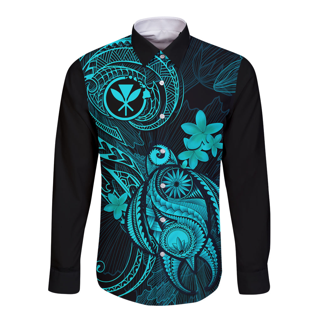 Long sleeve button shirt with black base and turquoise Polynesian floral print, front