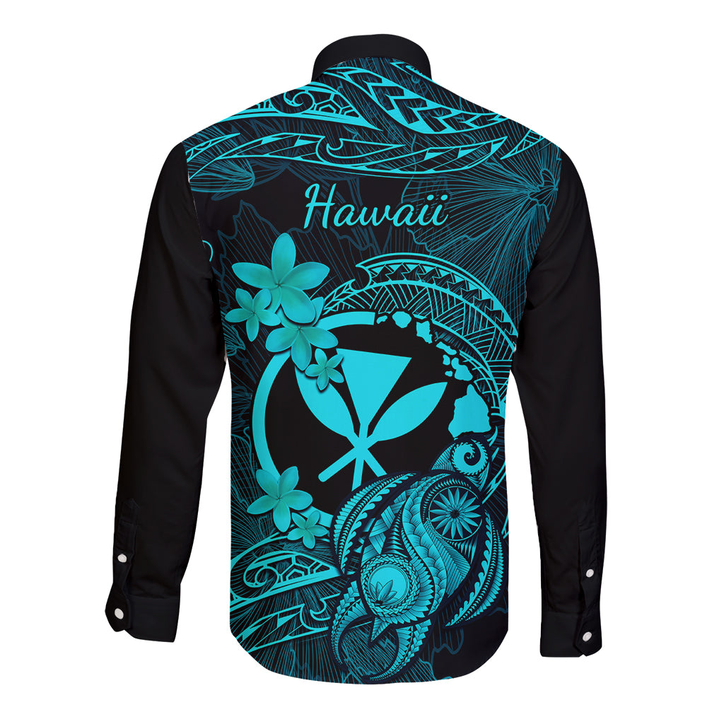 Long sleeve button shirt, black with turquoise Polynesian print and 'Hawaii' on back