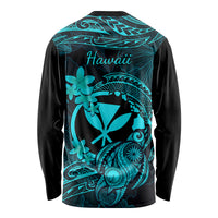 Unisex long-sleeve shirt back, dark with turquoise turtle and plumeria floral print