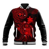 Unisex red and black baseball jacket with bold tropical turtle and flower graphics, snap front