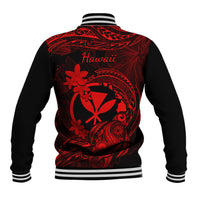 Unisex red and black baseball jacket, back shows 'Hawaii' with turtle and plumeria graphics