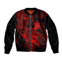 Unisex bomber jacket in black with red floral Polynesian graphic, zip front, ribbed cuffs