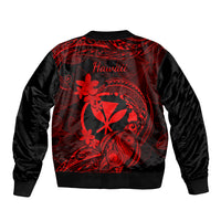 Unisex bomber jacket black with red 'Hawaii' back print, floral scroll pattern, ribbed hem