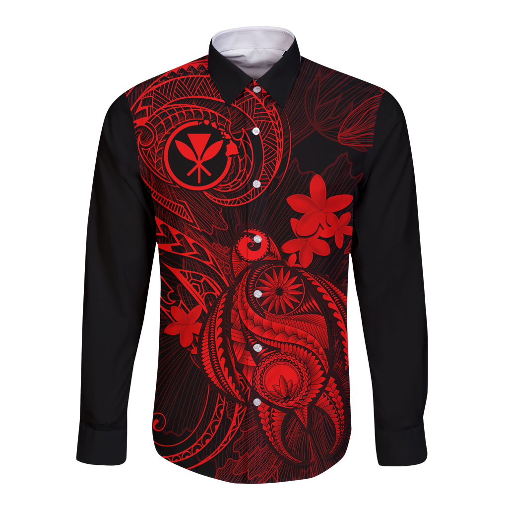 Black long-sleeve button shirt with red Polynesian floral and turtle graphic