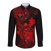 Black long-sleeve button shirt with red Polynesian floral and turtle graphic