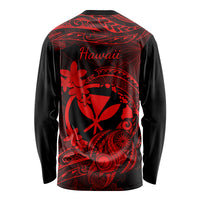 Unisex long-sleeve shirt back with red 'Hawaii' script, turtle and flower graphics