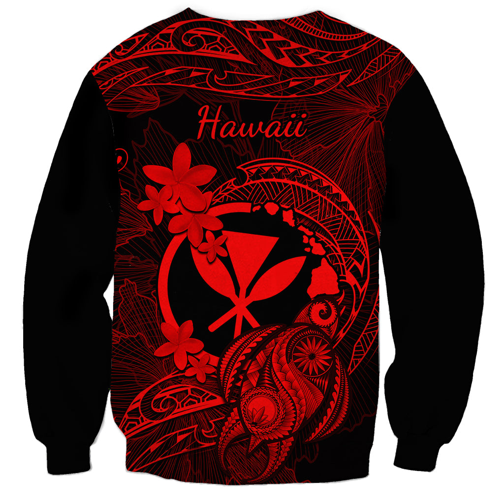 Unisex black sweatshirt with red back graphic featuring Hawaii text and turtle plumeria