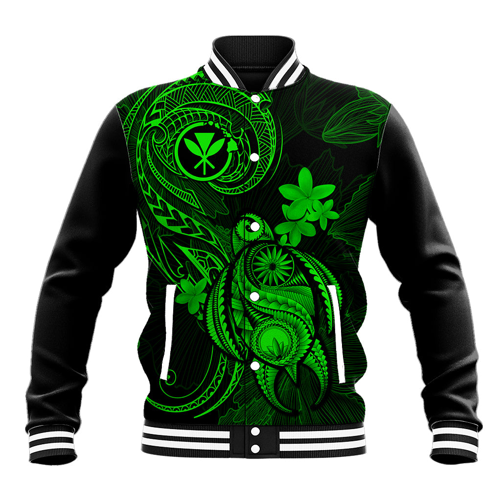 Black baseball jacket with neon green turtle and floral print, striped rib cuffs