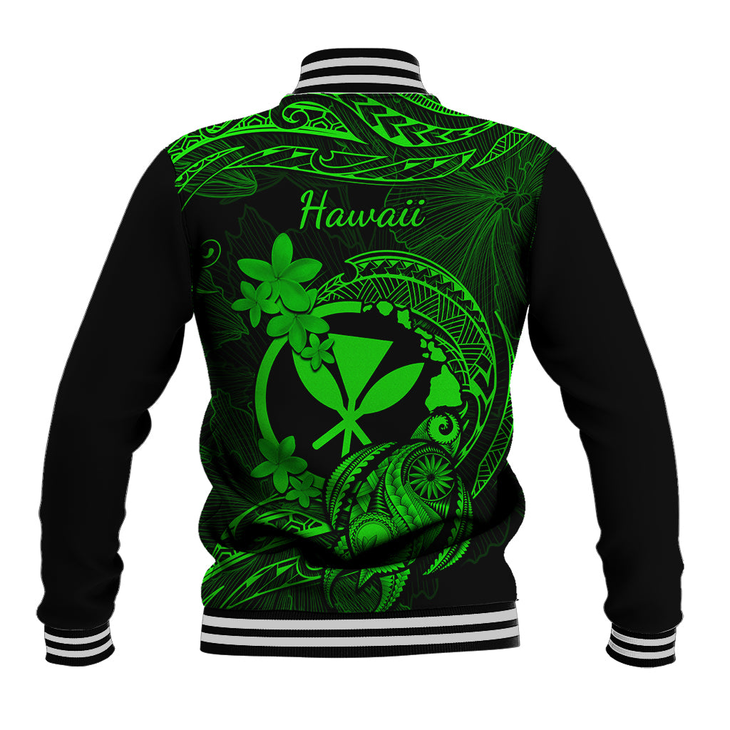 Black baseball jacket with neon green Hawaii logo and floral turtle artwork, striped rib hem