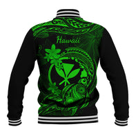 Black baseball jacket with neon green Hawaii logo and floral turtle artwork, striped rib hem