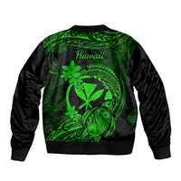 Unisex bomber jacket back graphic with 'Hawaii' text and green floral Polynesian art