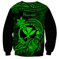 Unisex crewneck sweatshirt, black with neon green 'Hawaii' graphic and turtle floral