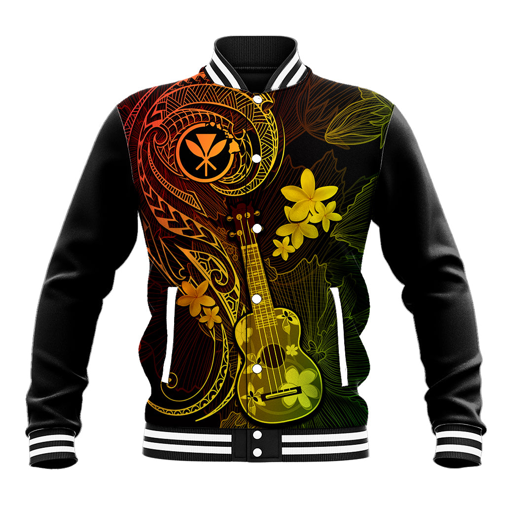 Black unisex baseball jacket with colorful guitar and floral graphic, striped ribbed collar
