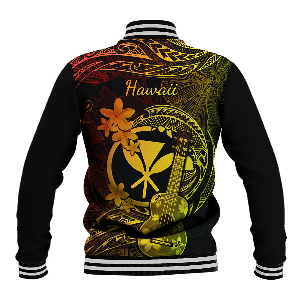Black unisex baseball jacket, back print with 'Hawaii' text and colorful floral guitar graphic