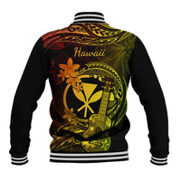 Black unisex baseball jacket, back print with 'Hawaii' text and colorful floral guitar graphic