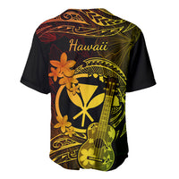 Black baseball jersey with yellow-green ukulele graphic and 'Hawaii' text on back