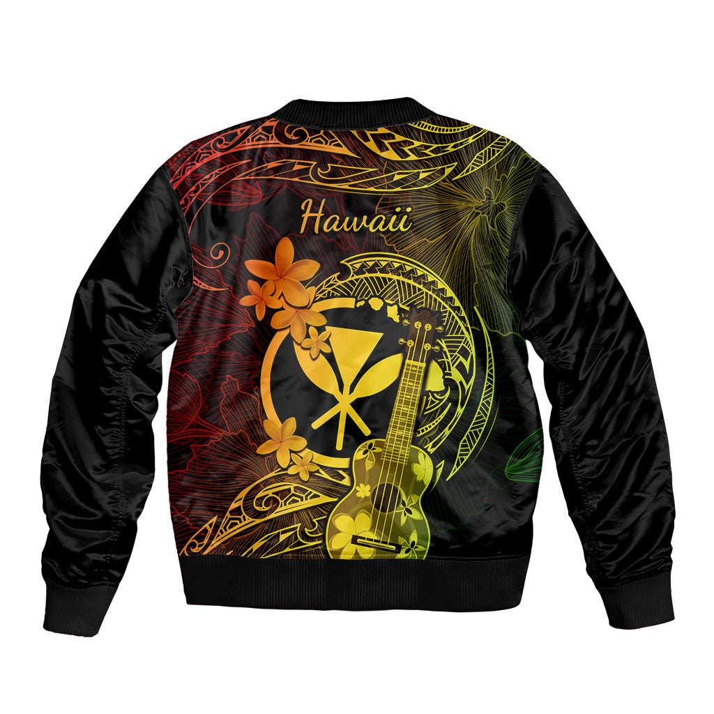 Unisex bomber jacket back with 'Hawaii' script and circular ukulele floral artwork