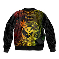 Unisex bomber jacket back with 'Hawaii' script and circular ukulele floral artwork
