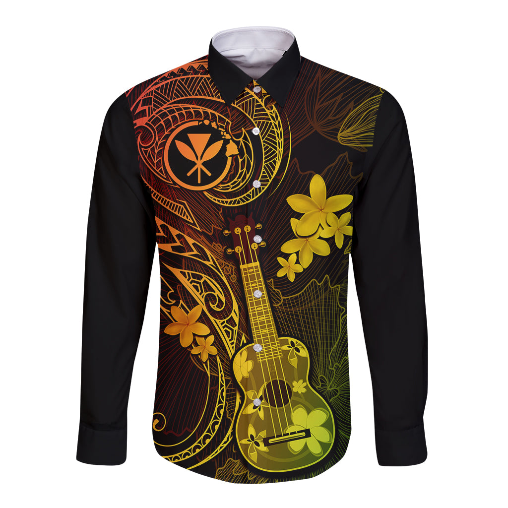 Hawaiian long sleeve button shirt in black with colorful ukulele and floral front print