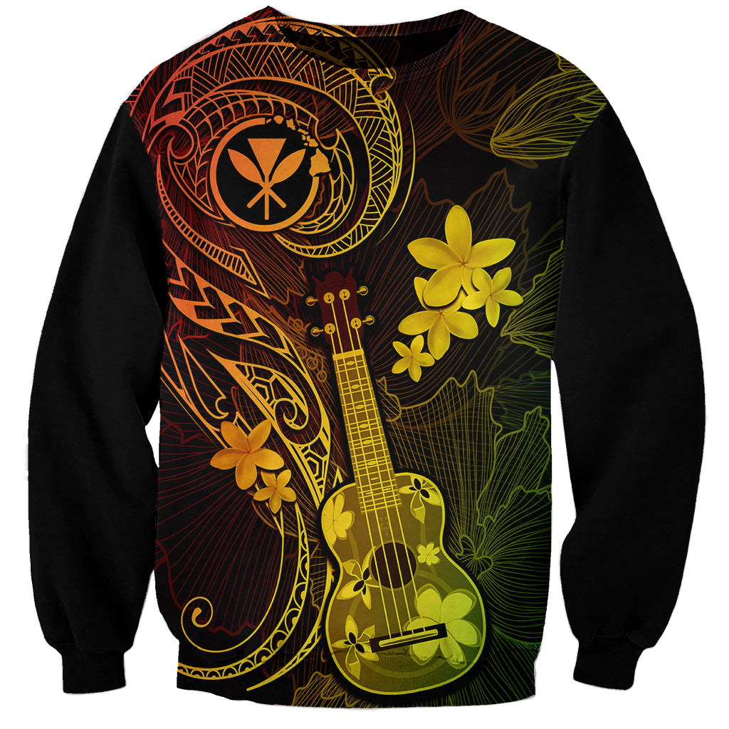 Unisex black sweatshirt with colorful ukulele and plumeria graphic