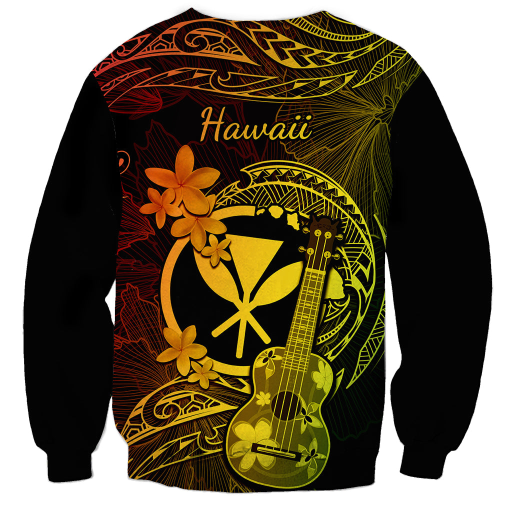 Unisex black sweatshirt, back shows 'Hawaii' text with ukulele and plumeria