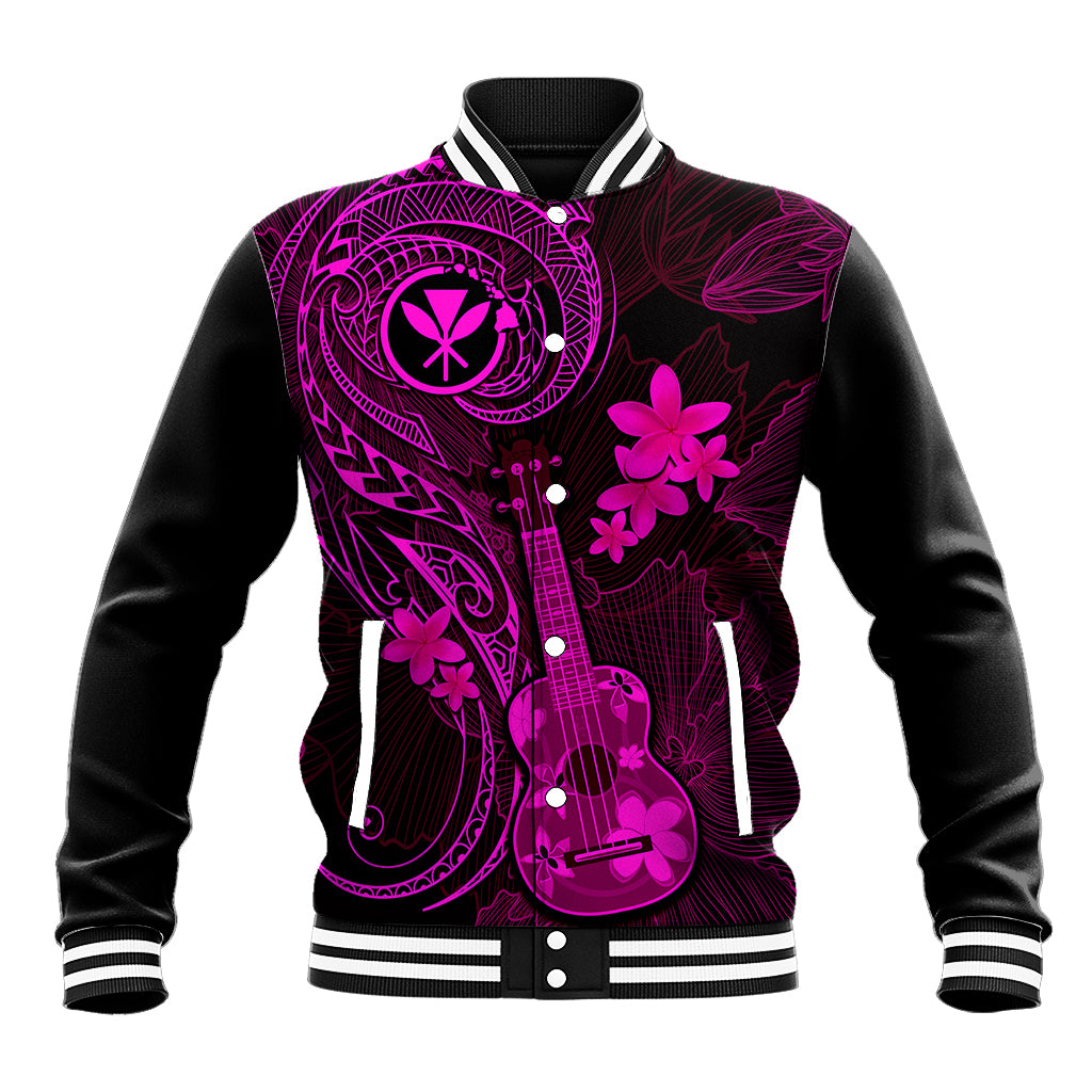 Black varsity baseball jacket with pink Hawaiian ukulele and floral graphic, snap front