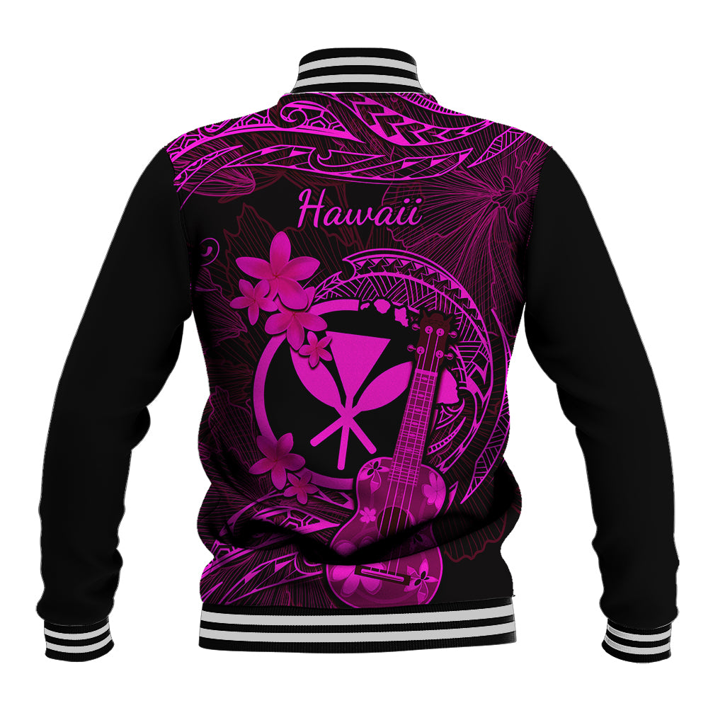 Black varsity baseball jacket back with pink “Hawaii” text, floral and ukulele artwork
