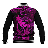 Black varsity baseball jacket back with pink “Hawaii” text, floral and ukulele artwork