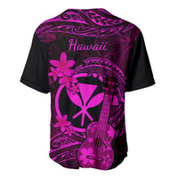 Back view baseball jersey with 'Hawaii' text, pink guitar and flower graphics on dark base