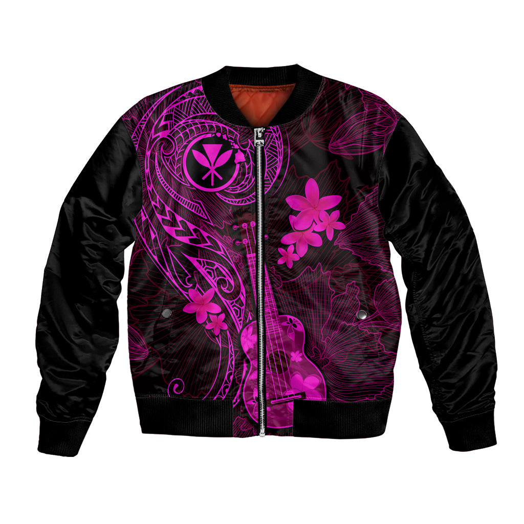 Unisex black bomber jacket with pink-purple floral and guitar graphic, front zipper
