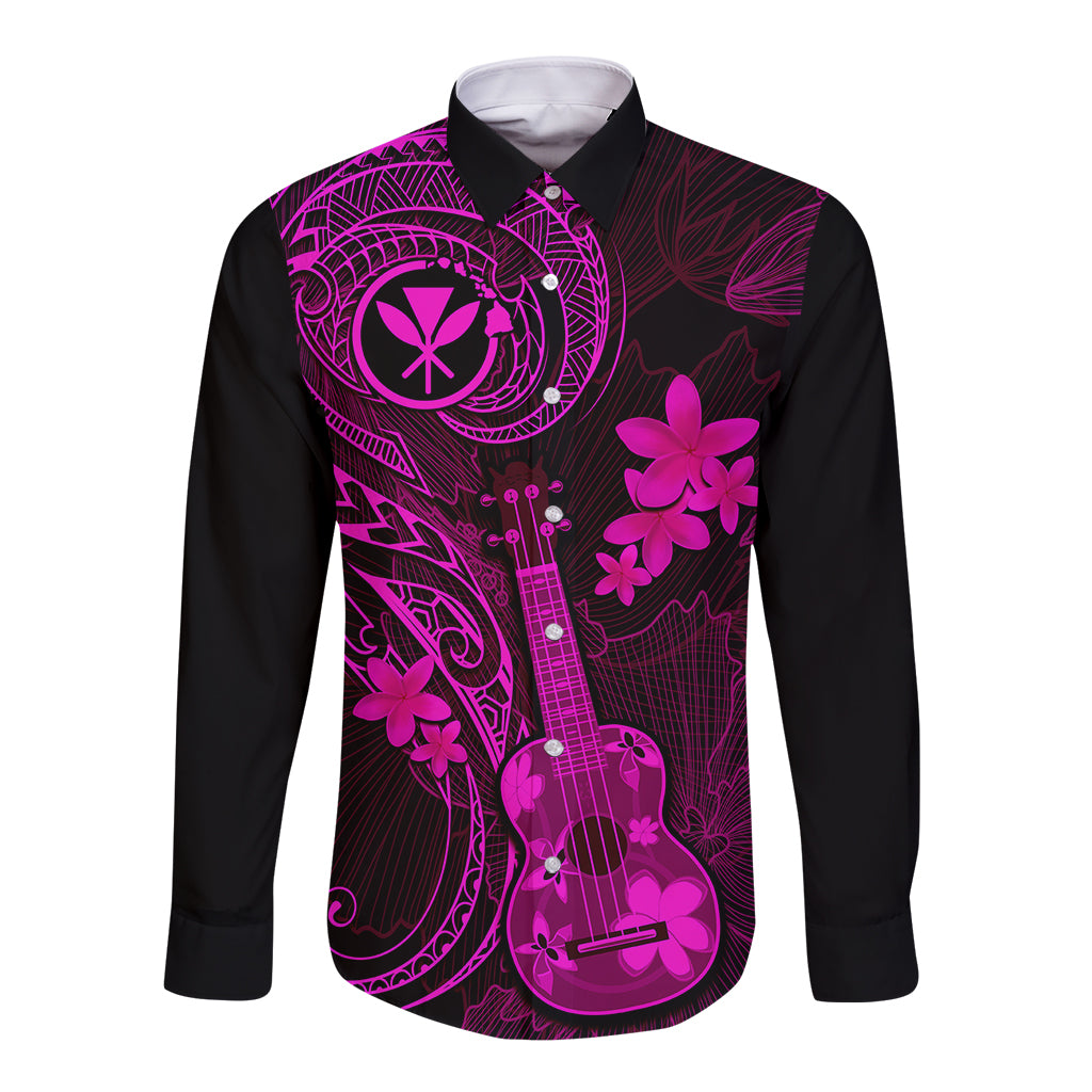 Long sleeve button shirt, black with pink ukulele and plumeria floral print
